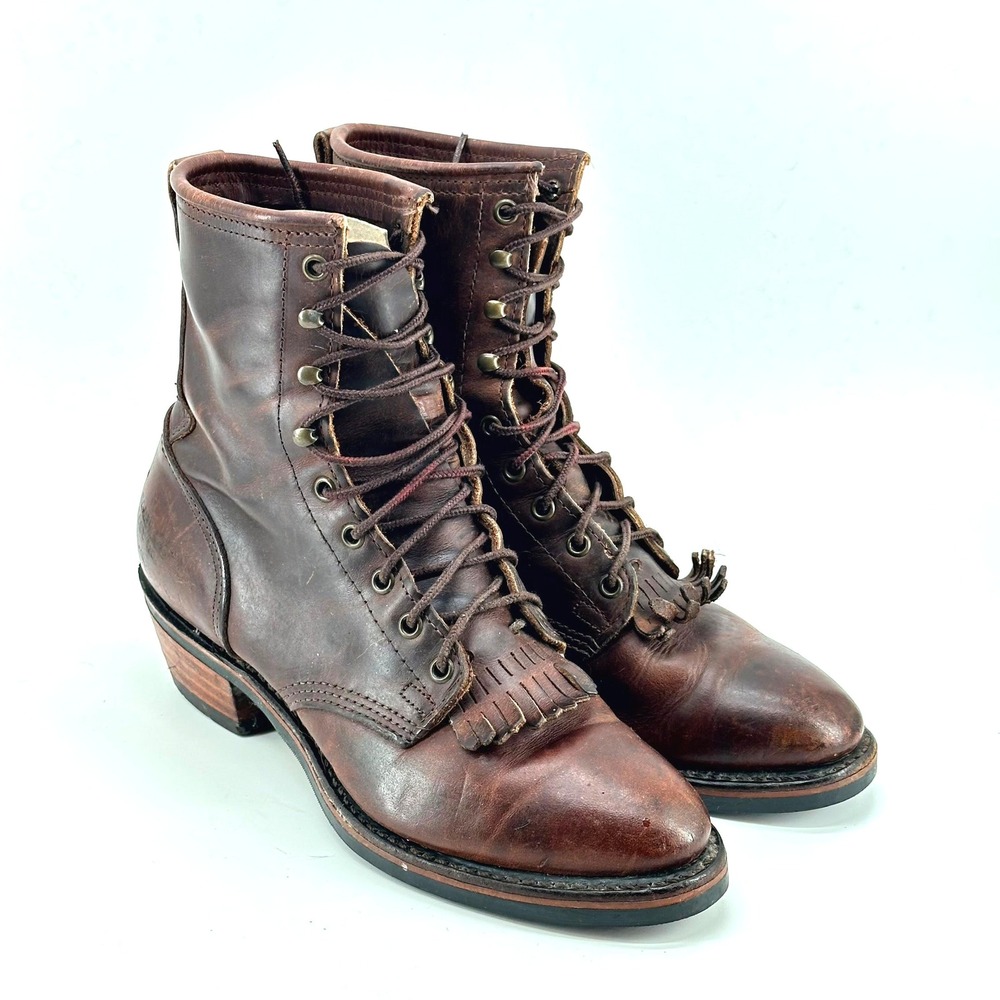 Santa Fe Boot Co Packer Boots Western Lace Up Brown Leather Kiltie Vibram 10 M